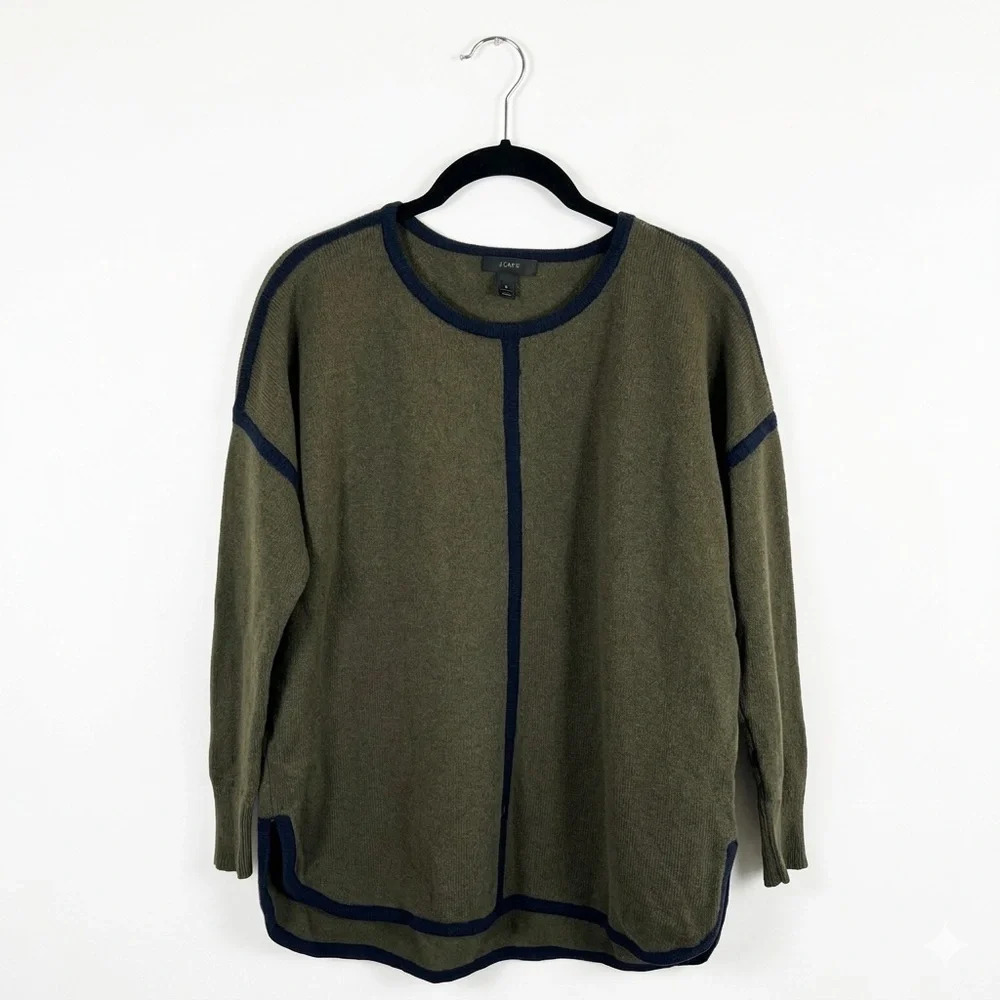 J. Crew 100% Wool Olive Crewneck Sweater‎ with Navy Contrast Trim Women’s Small